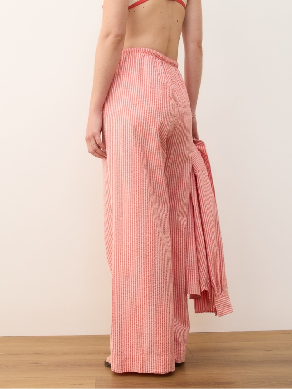 NWT Marine Layer Seersucker Wide Leg Pants in Hibiscus/Sand Strip size Large - Picture 10 of 11